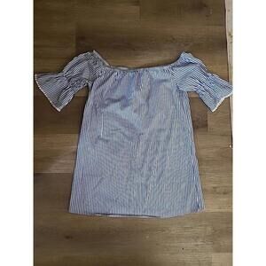 Ambiance Womens Large Off Shoulder Blouse Blue White Striped Top